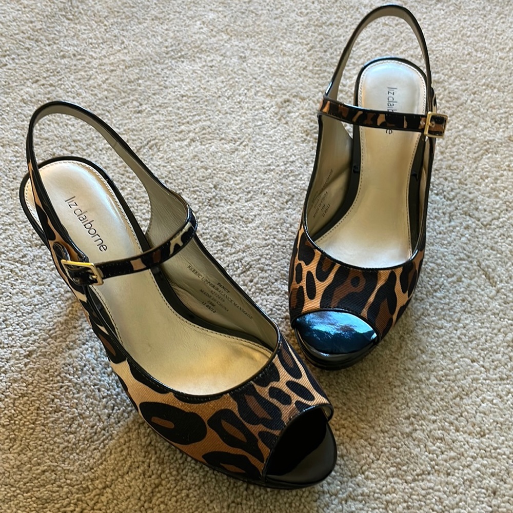 Liz Claiborne open toe heels, leopard print size 10M